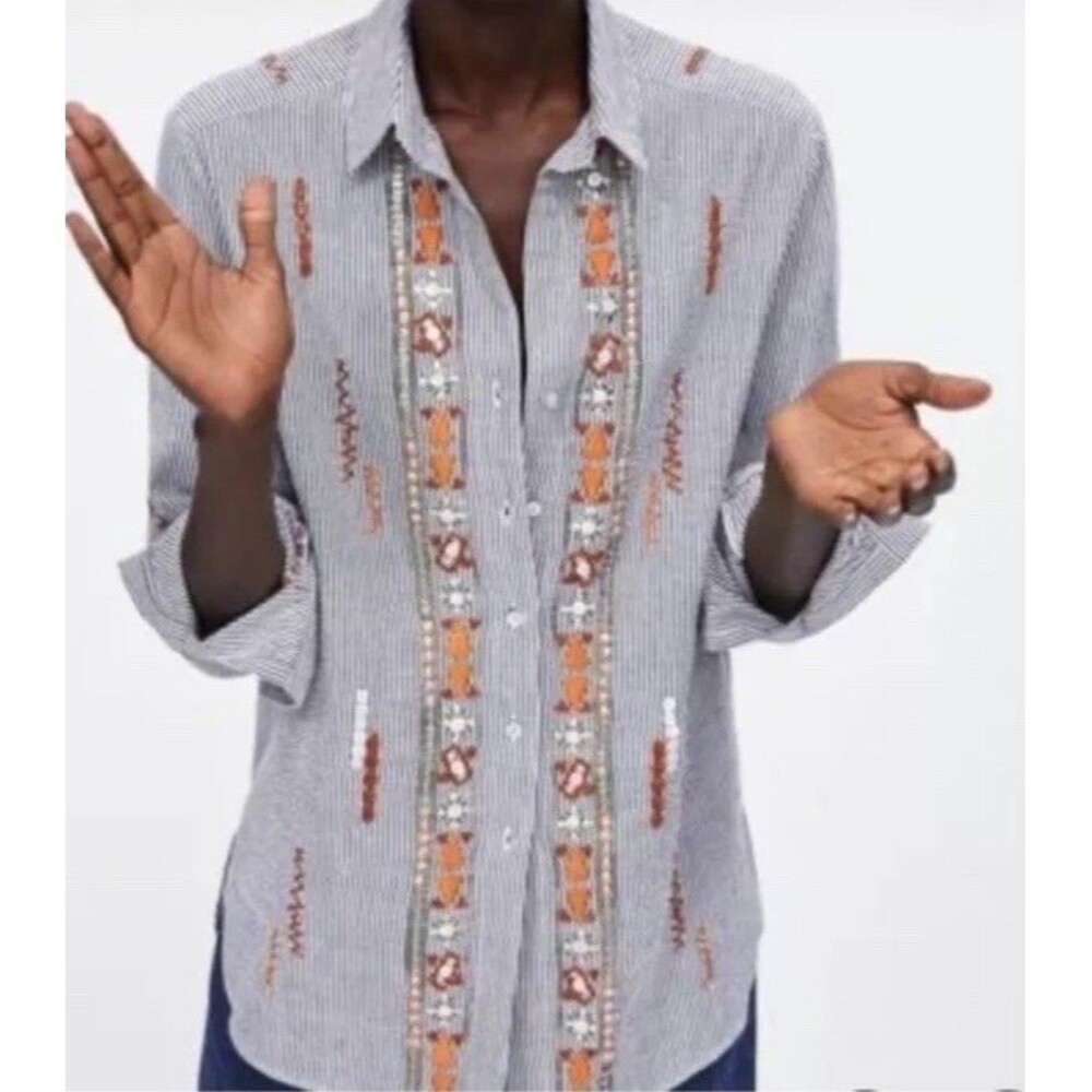 NWT Zara Collection S Striped Embroidered Embellished cotton Button Up Shirt